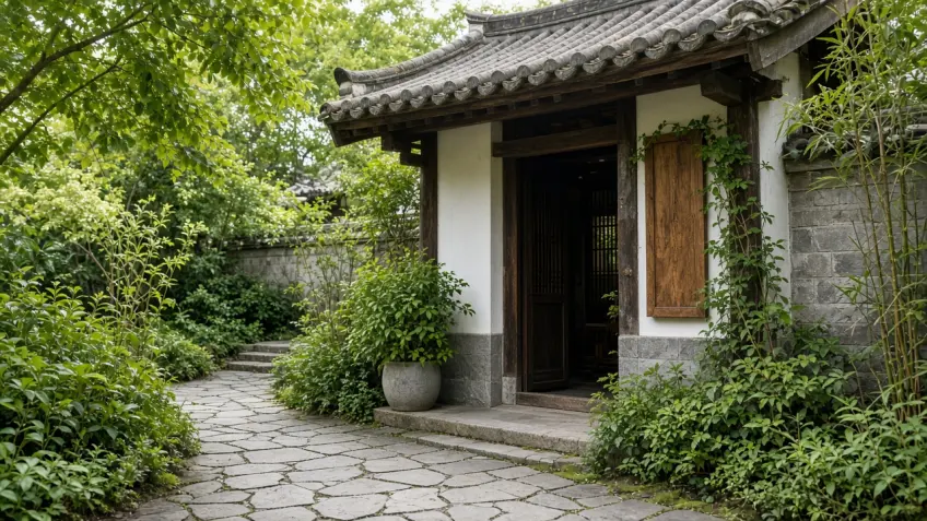 示意：龍灣民宿灰瓦門廊與綠植外景
