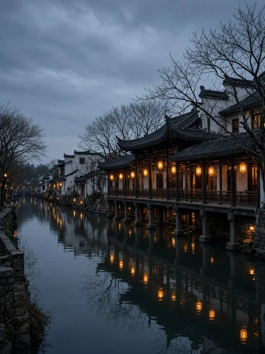 太湖古镇冬夜廊桥灯笼水巷示意