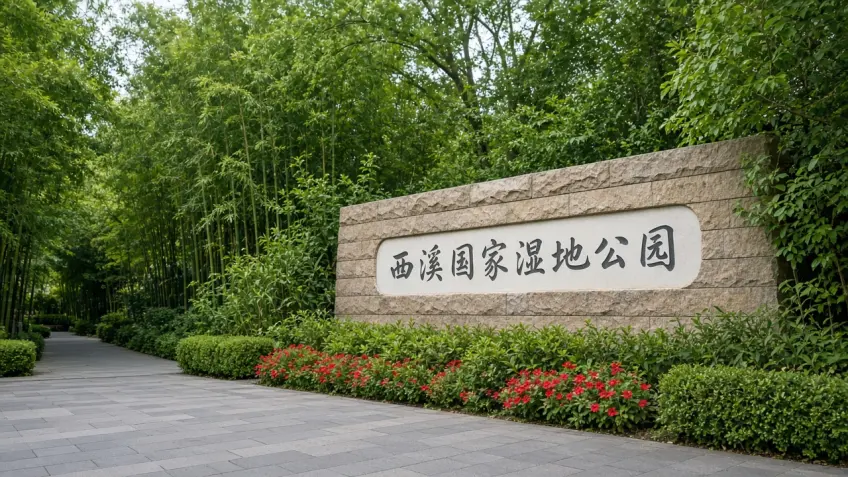 杭州西溪湿地公园入口石碑与绿篱示意