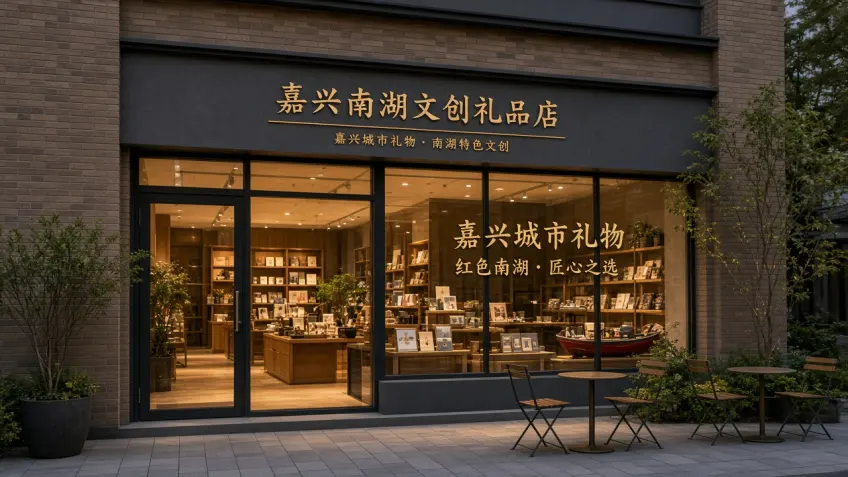 门头金字写嘉兴南湖文创礼品店与城市礼物的外立面示意