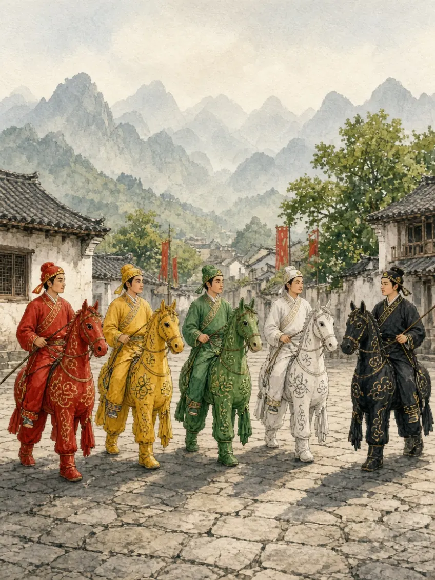 示意图：红黄绿白黑五色竹马列阵