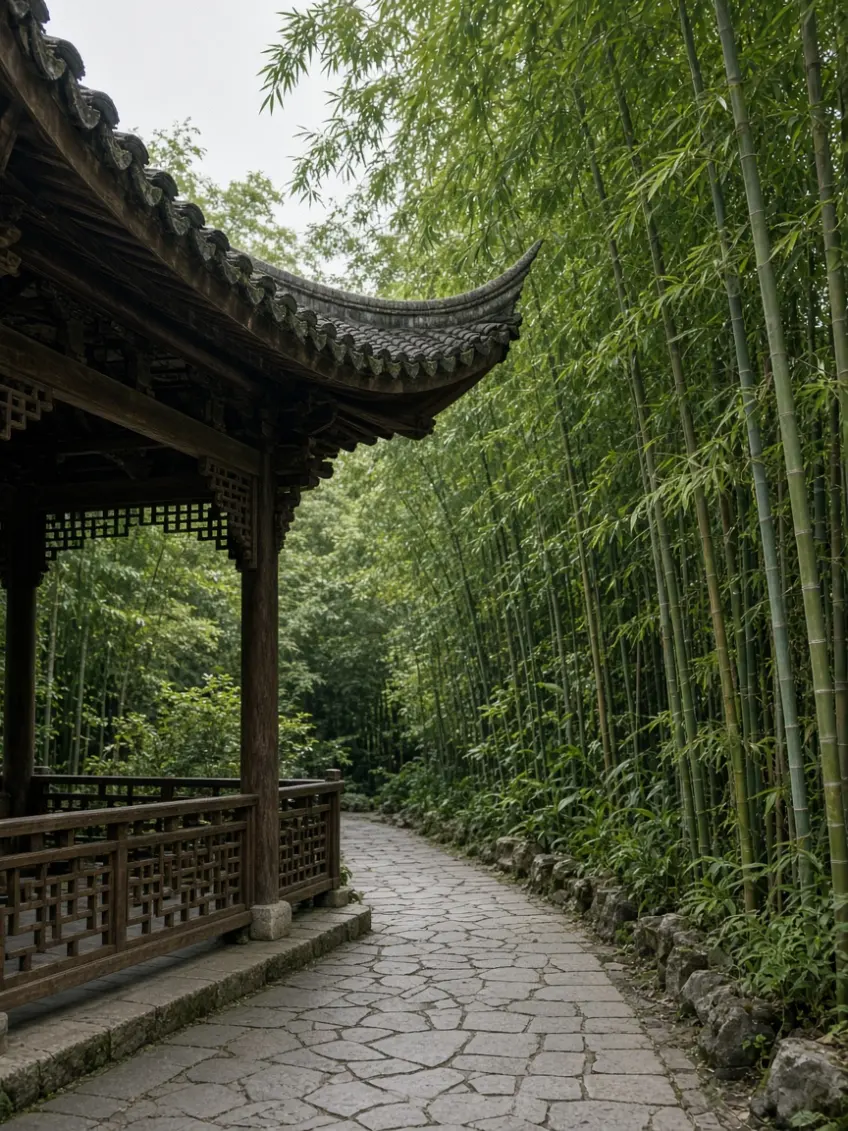 兰亭古亭廊竹林石径绿植示意