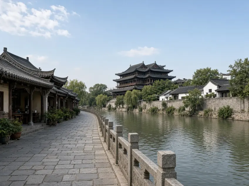 运河沿岸仿古步道与石栏，远端传统楼阁示意
