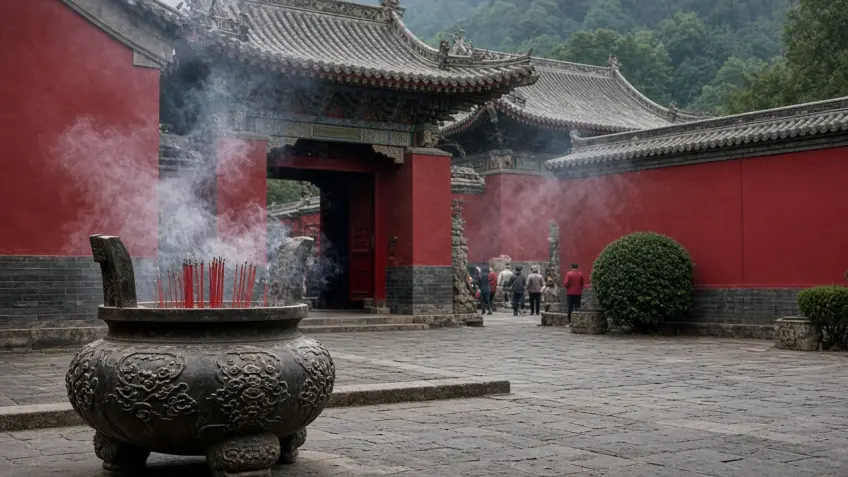 示意：普陀山紅牆寺院前香爐與香菸