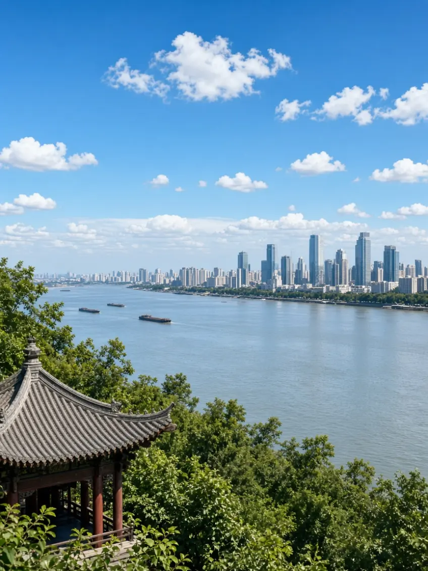 北固山眺望江面与城市天际线