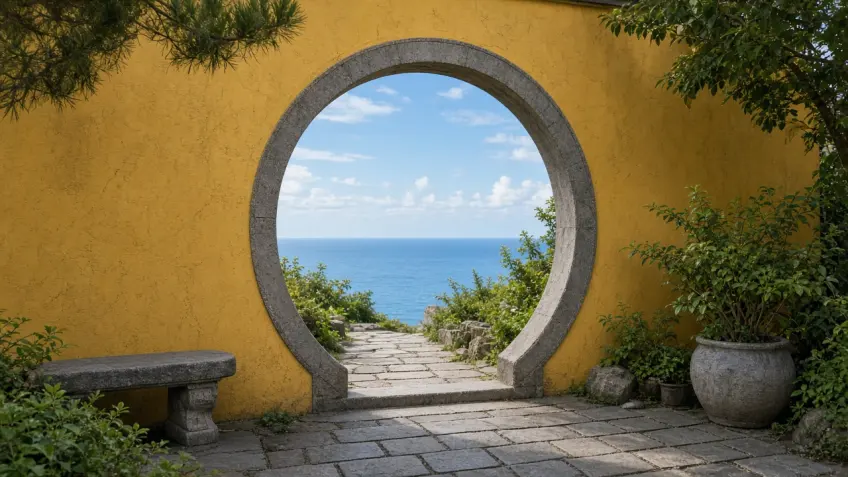 普陀山寺院黄墙月洞门远眺海景