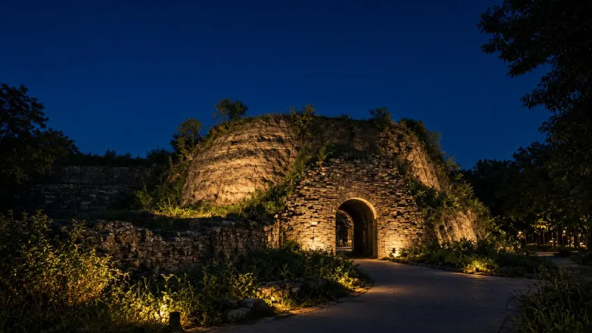 湖州子城历史遗迹夜间灯光示意画面