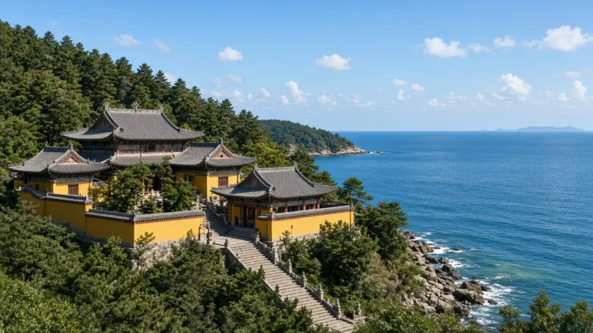 浙江舟山普陀山临海寺院与山海景色