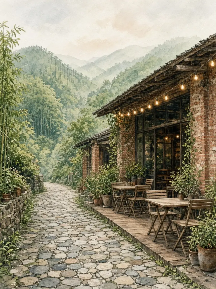 砖仓咖啡馆与石径串灯山景示意