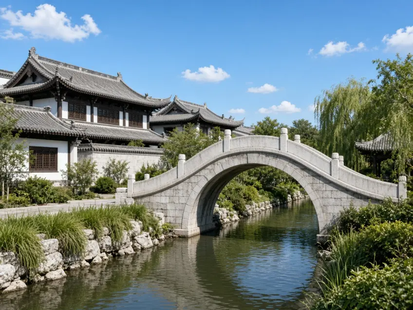 晴天白石拱桥与河道，旁侧仿古灰瓦馆舍示意