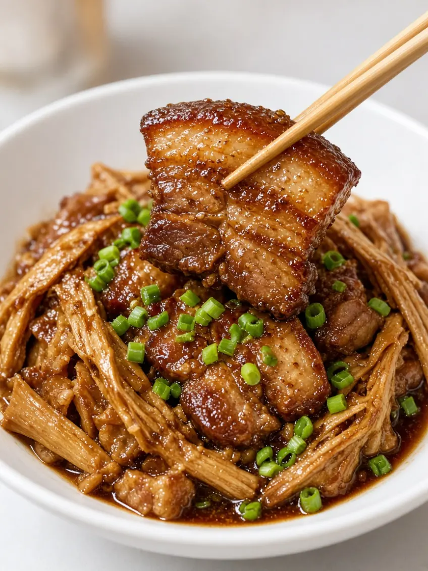 春笋烧肉碗装筷子夹起示意竖图
