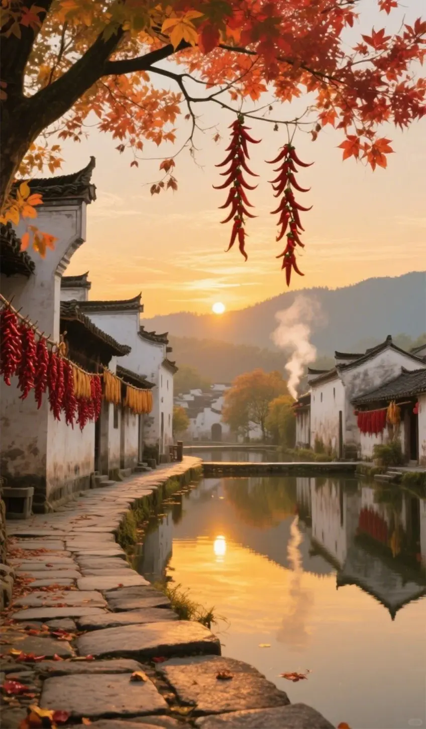秋夕水巷晒红椒串与远山落日景
